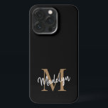 Modern Black Gold Monogram Feminine Script Name iPhone 13 Pro Case<br><div class="desc">Modern Black Gold Monogram Feminine Script Name iPhone Case. Easily personalise this modern elegant iPhone case with your custom monogram and name.</div>