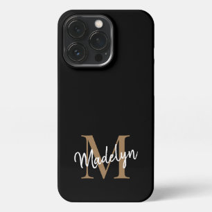 Modern Black Gold Monogram Feminine Script Name iPhone 13 Pro Case
