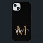 Modern Black Gold Monogram Feminine Script Name iPhone 15 Plus Case<br><div class="desc">Modern Black Gold Monogram Feminine Script Name iPhone Case. Easily personalise this modern elegant iphone case with your custom monogram and name.</div>