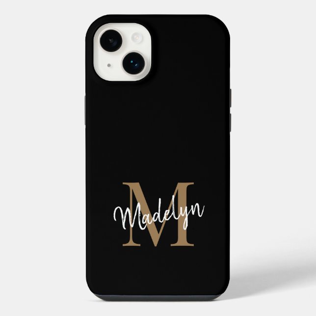 Modern Black Gold Monogram Feminine Script Name iPhone Case (Back)
