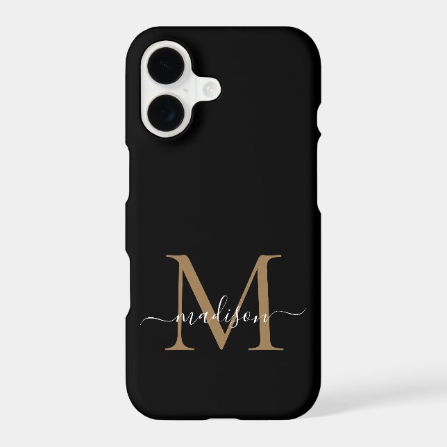 Modern Black Gold Monogram Feminine Script Name iPhone Case (Back)