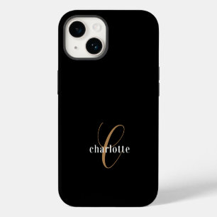 Modern Black Gold Monogram Feminine Script Name  iPhone 14 Case