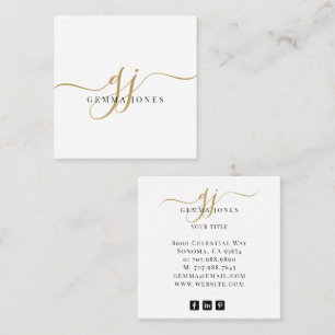 Modern Black Gold Monogram Feminine Script Name Square Business Card
