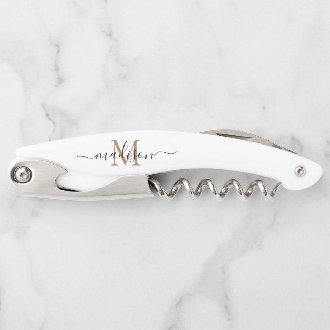 Modern Black Gold Monogram Girly Script Name Corkscrew (Front)