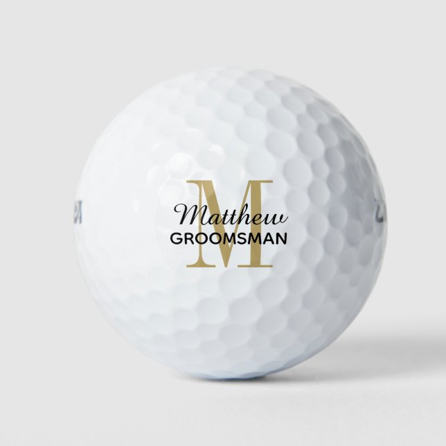 Modern Black Gold Monogram Groomsman Gift Golf Bal Balls (Front)