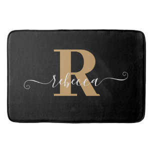 Modern Black Gold Monogram Hand Script Name Bath M Bath Mat