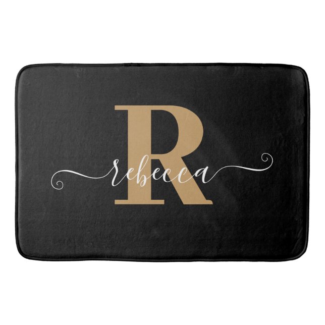 Modern Black Gold Monogram Hand Script Name Bath M Bath Mat (Front)