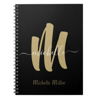 modern black gold monogram initial business name notebook