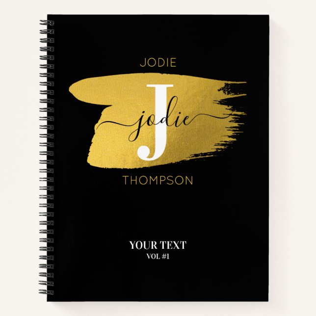 Modern Black & Gold Monogram Initial Notebook (Front)