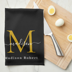 Modern Black Gold Monogram Initial Script Custom Tea Towel