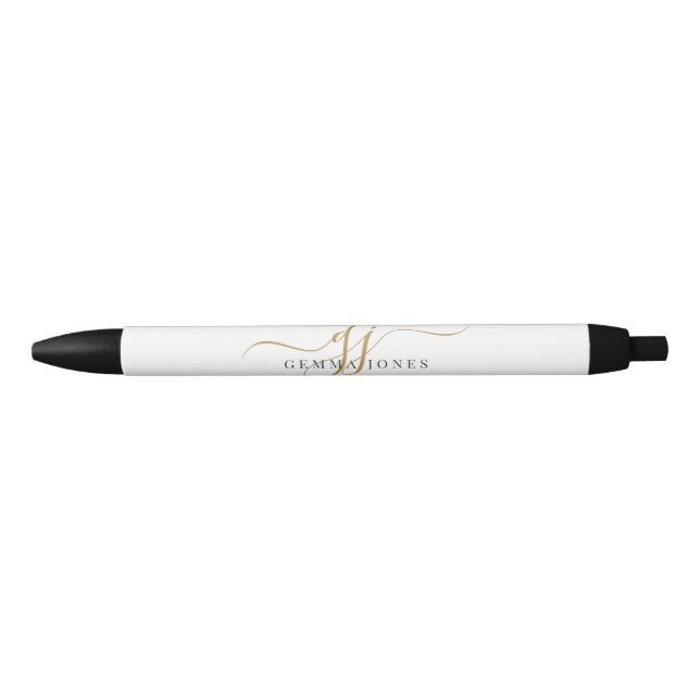 Modern Black Gold Monogram Initial Script Name Black Ink Pen (Front)