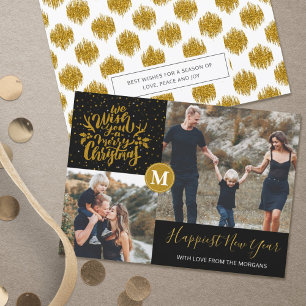 Modern Black & Gold Monogram Merry Christmas Photo Holiday Card