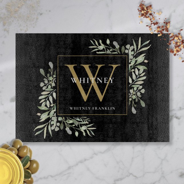 Modern Black Gold Monogram Modern Greenery Cutting Board (Modern Black Gold Monogram Modern Greenery Cutting Board)