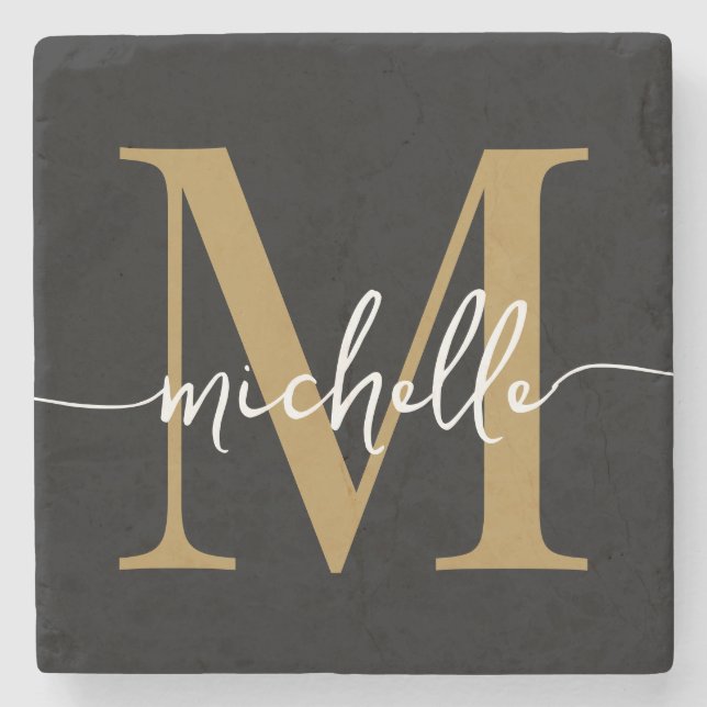 Modern Black Gold Monogram Name Elegant Script Stone Coaster (Front)