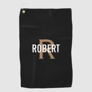 Modern black gold monogram name golf towel