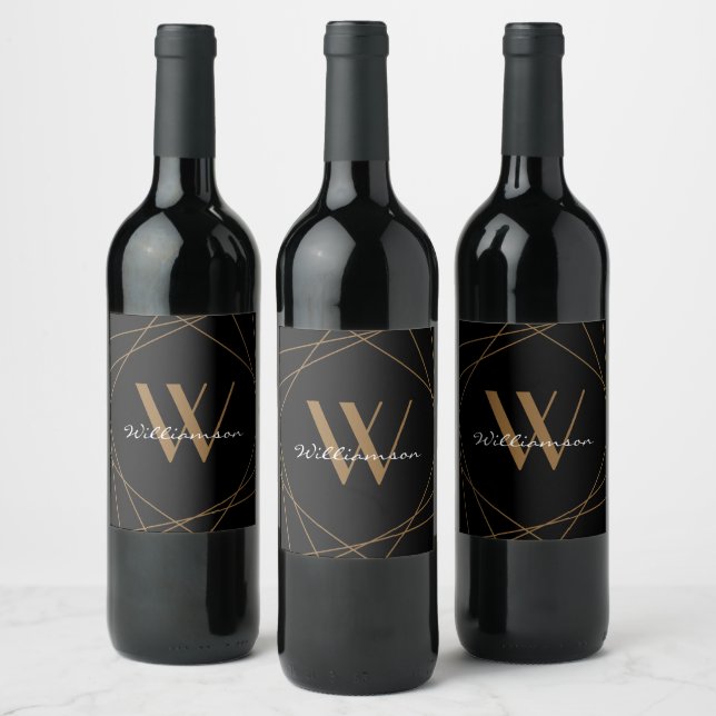 Modern Black Gold Monogram Name Script Geometric Wine Label (Bottles)