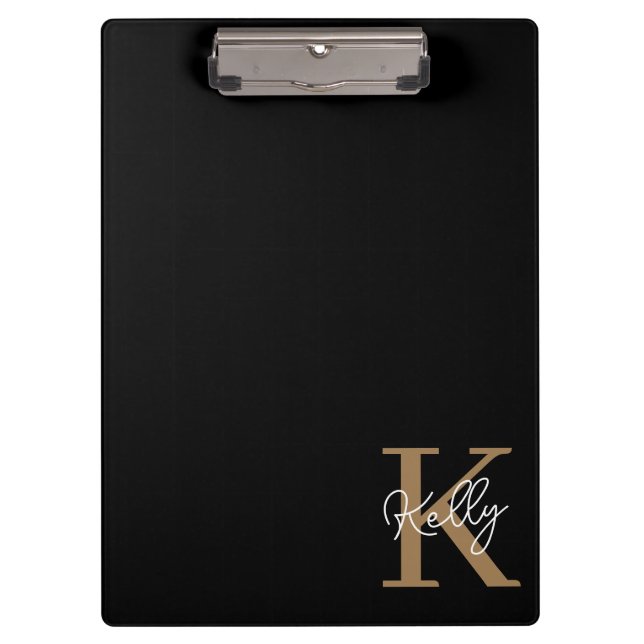Modern Black Gold Monogram Script Clipboard (Front)