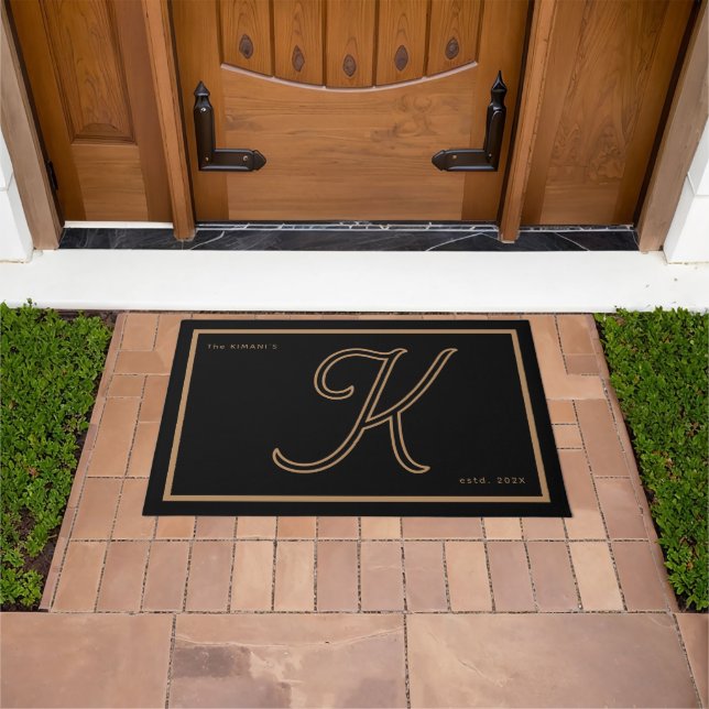 Modern Black Gold Monogram Script Family Name Doormat (Outdoor)