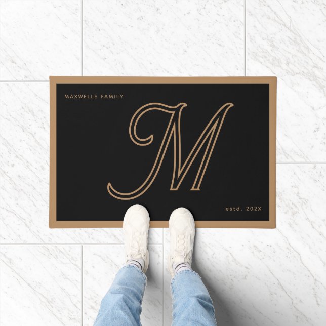 Modern Black Gold Monogram Script Family Name Doormat (Indoor)