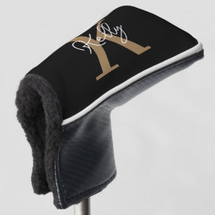 Modern Black Gold Monogram Script Golf Head Cover