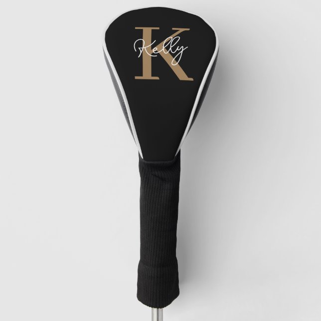 Modern Black Gold Monogram Script Golf Head Cover (Front)