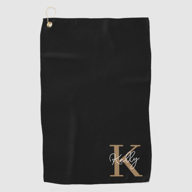 Modern Black Gold Monogram Script Golf Towel (Front)