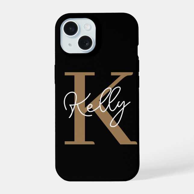 Modern Black Gold Monogram Script iPhone 15 Case (Back)