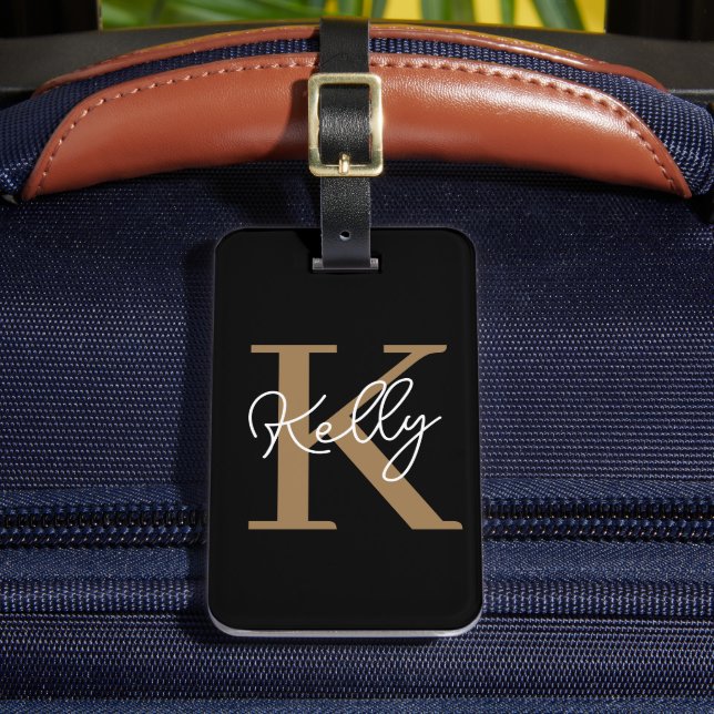 Modern Black Gold Monogram Script Luggage Tag (Front Insitu 2)