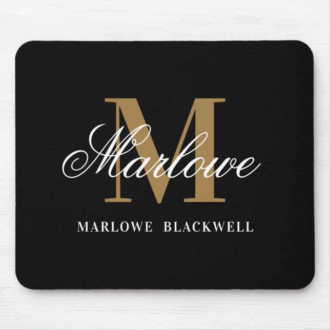 Modern Black Gold Monogram Script Mouse Pad (Front)