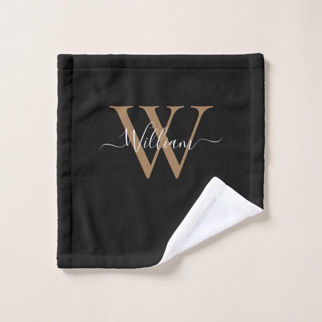 Modern black gold  monogram script name bath towel set (Wash Cloth)