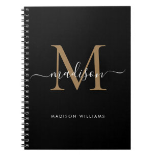 Modern Black Gold Monogram Script Name Initial Notebook