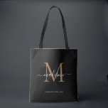 Modern Black Gold Monogram Script Name Initial Tote Bag<br><div class="desc">Modern Black Gold Monogram Elegant Script Name Initial Tote Bag</div>