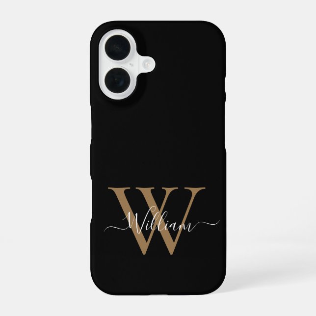 Modern black gold  monogram script name iPhone 16 case (Back)