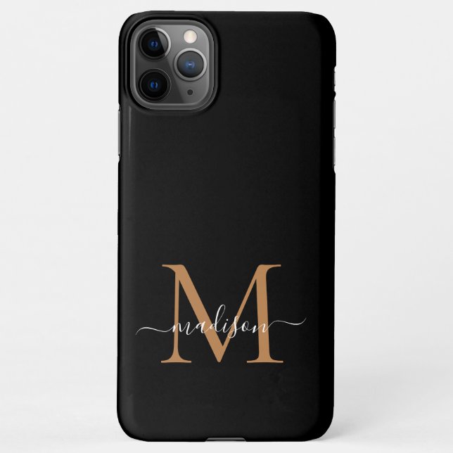 Modern Black Gold Monogram Script Name iPhone case (Back)
