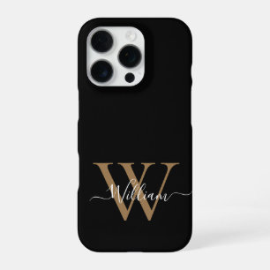 Modern black gold monogram script name iPhone 16 pro case