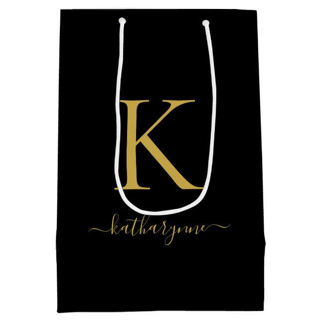 Modern Black Gold Monogram Script Name Medium Gift Bag (Back)