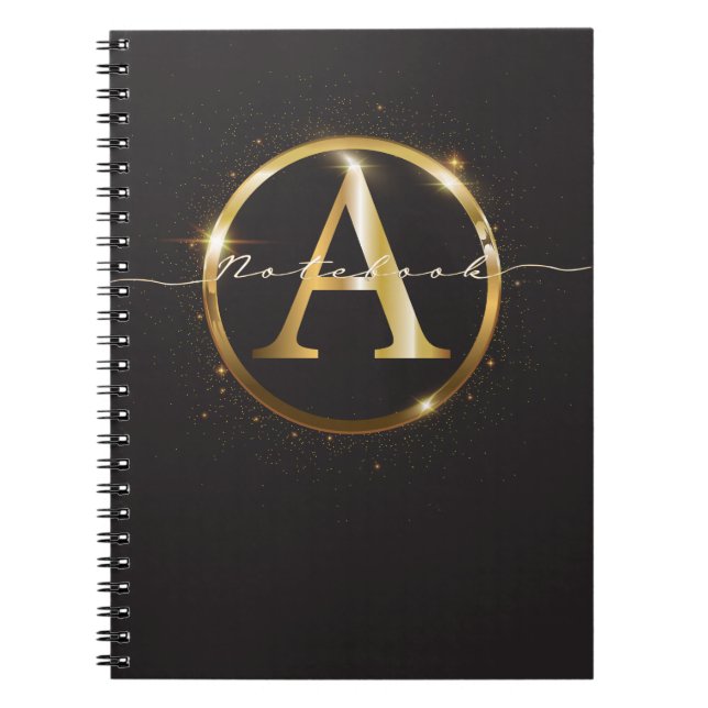 Modern Black Gold Monogram Script Name  Notebook (Front)