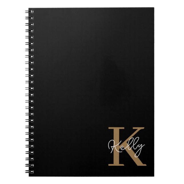 Modern Black Gold Monogram Script Notebook (Front)