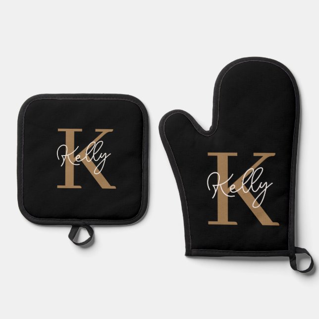 Modern Black Gold Monogram Script Oven Mitt & Pot Holder Set (Front)