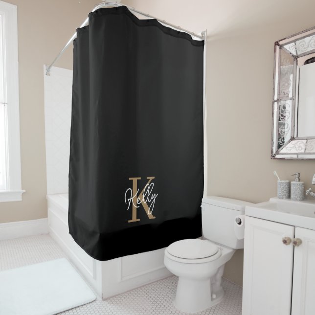 Modern Black Gold Monogram Script Shower Curtain (In Situ)