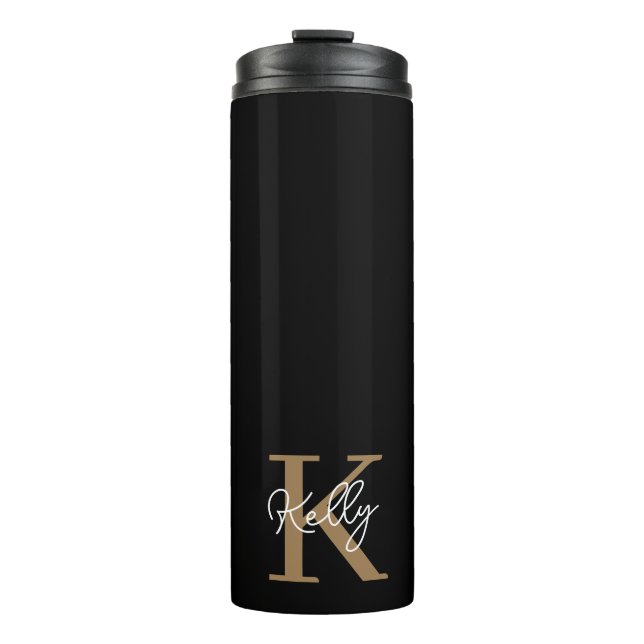 Modern Black Gold Monogram Script Thermal Tumbler (Front)
