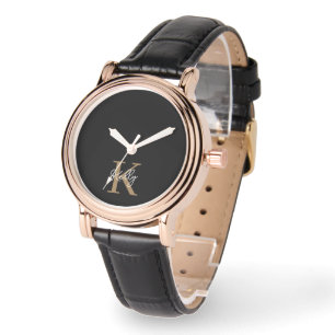 Modern Black Gold Monogram Script Watch