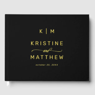 Modern Black Gold Monogram Script Wedding Guest Book