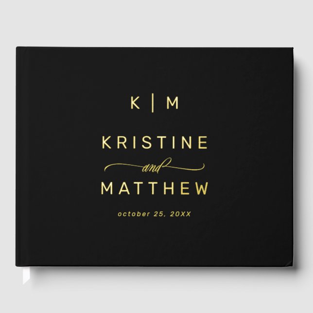 Modern Black Gold Monogram Script Wedding  Guest Book (Front)