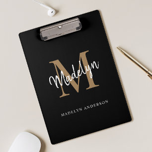 Modern Black Gold Monogram Stylish Script Name Clipboard