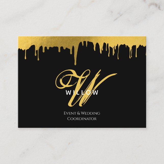 Modern Black & Gold Monogram Vintage Script Business Card (Front)