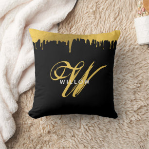 Modern Black & Gold Monogram Vintage Script  Cushion