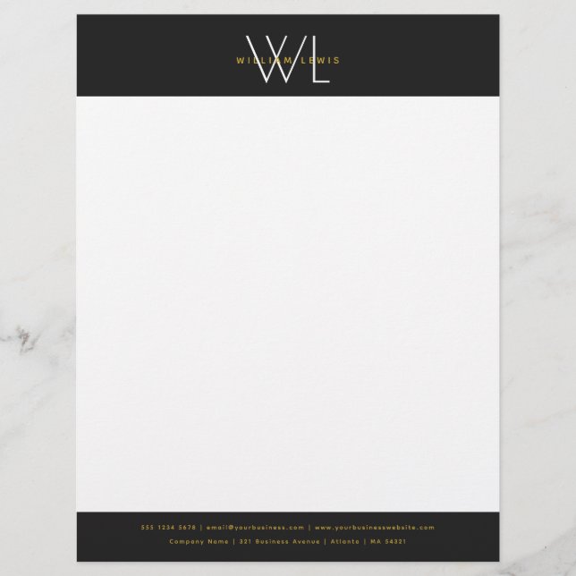 Modern Black Gold Monogrammed Business Custom Letterhead (Front)