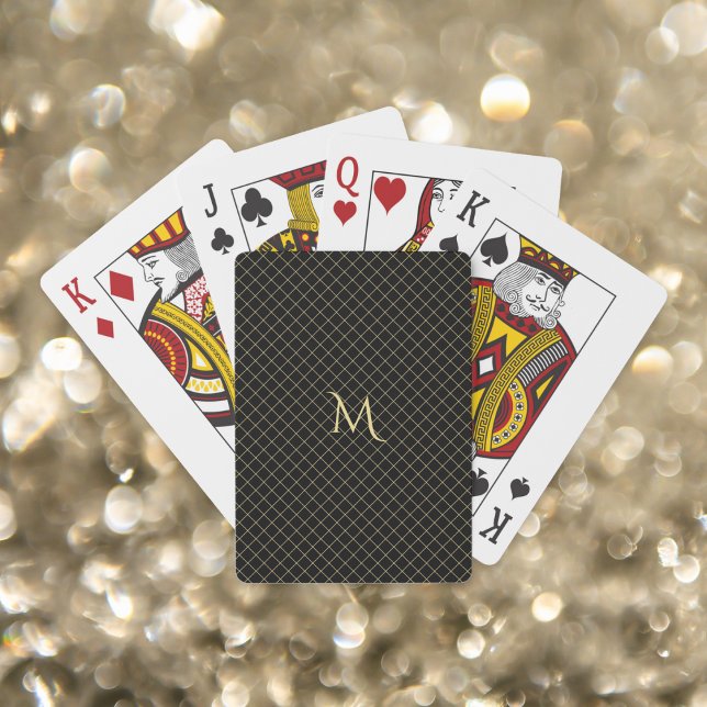 Modern Black Gold Monogrammed Check Stripes Poker Playing Cards (Modern Black Gold Monogrammed Check Stripes Poker Playing Cards)