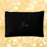 Modern Black Gold Monogrammed Travel Cosmetic Golf Accessory Pouch<br><div class="desc">Create your own custom, personalised, beautiful modern elegant faux gold script / typography monogram monogrammed, durable Spun Polyester, mens womens solid plain black zippered cosmetic makeup toiletry bag golf beach accessory pouch. Simply type in your name / initials / monogram, to customise. Make a great gift for birthday, fathers day,...</div>